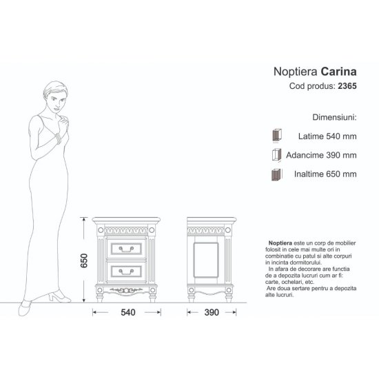 Noptiera - Carina Noptiere din lemn masiv, Noptieră lemn masiv, maro/alb, 2 sertare, Carina