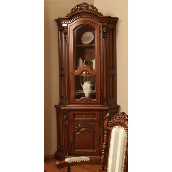 Bufet - Vitrina colt - Cristina Bufete din Lemn Masiv, Bufet Vitrină colț lemn masiv, maro/alb, inserții ornamentale, Cristina